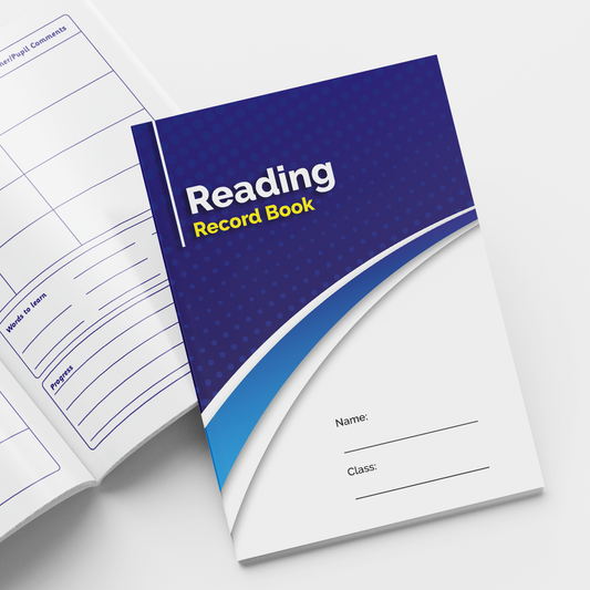 Modern 'Reading Record Book' with a dark blue and white cover featuring curved lines and a subtle dotted pattern. The title is in white and yellow text, and the bottom section includes blank spaces for 'Name' and 'Class'. An open page beside it shows lined sections for book titles, reading comments, and adult initials.