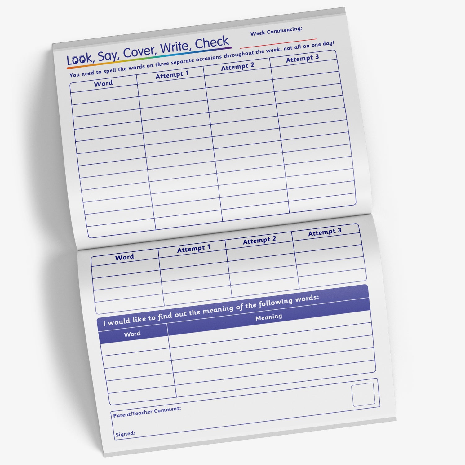 Internal page of the spelling record book supporting the 'Look, Say, Cover, Write, Check' process for learning words with space for the word to be written and then 3 attempts to get it correct.