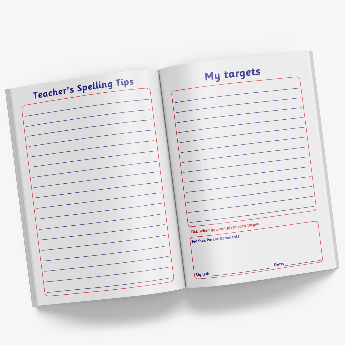 Internal page of the spelling record book with 'Teacher's Spelling Tips' on the left hand page with space to write them in and 'My Targets' on the right hand page.