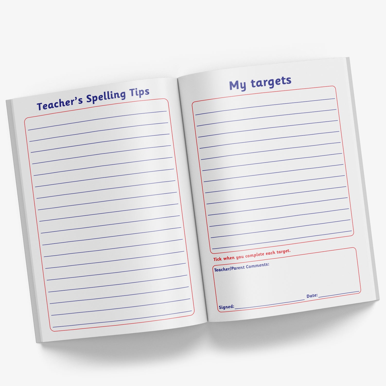 Internal page of the spelling record book with 'Teacher's Spelling Tips' on the left hand page with space to write them in and 'My Targets' on the right hand page.