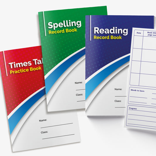 Set of educational record books including a red 'Times Table Practice Book', a green 'Spelling Record Book', and a blue 'Reading Record Book'. Each has space on the front for name and class, and an open page showing sections for date, book title, page number, words to learn, and progress.