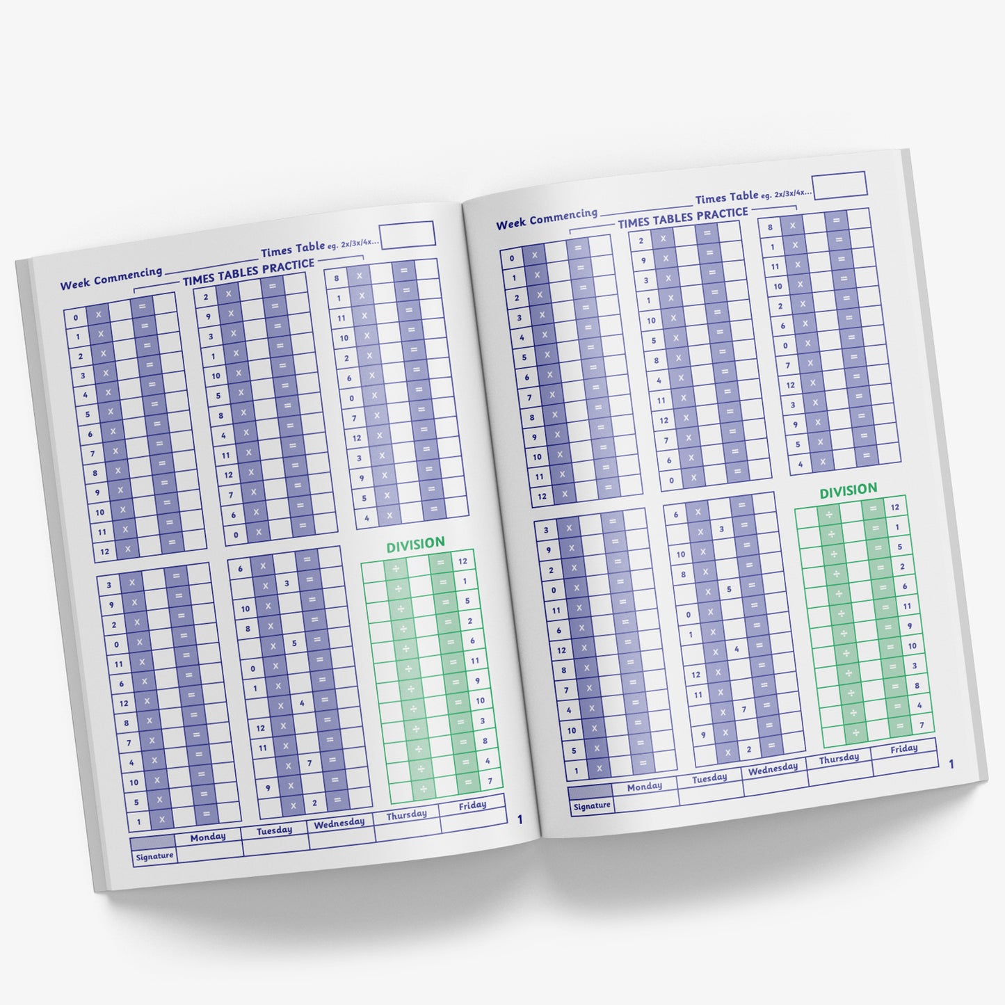 Open internal pages showing 5 times tables practice charts and one division table per page.  Each page has a varying combination of sums which just need the 'multiplier or division' nu,ber adding.