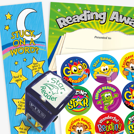 Collection of reading-themed classroom rewards including a 'Stuck on a Word?' bookmark with helpful strategies, a green 'Reading Award' certificate with blank fields, a variety of colourful reward stickers with phrases like 'Star Reader' and 'Wonderful Reading', and a 'Star Reader' self-inking stamp.