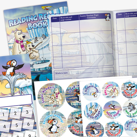 A Polar themed value pack containing reading record book, selection of polar themed reward stickers and polar themed bookmark to collect stickers on.