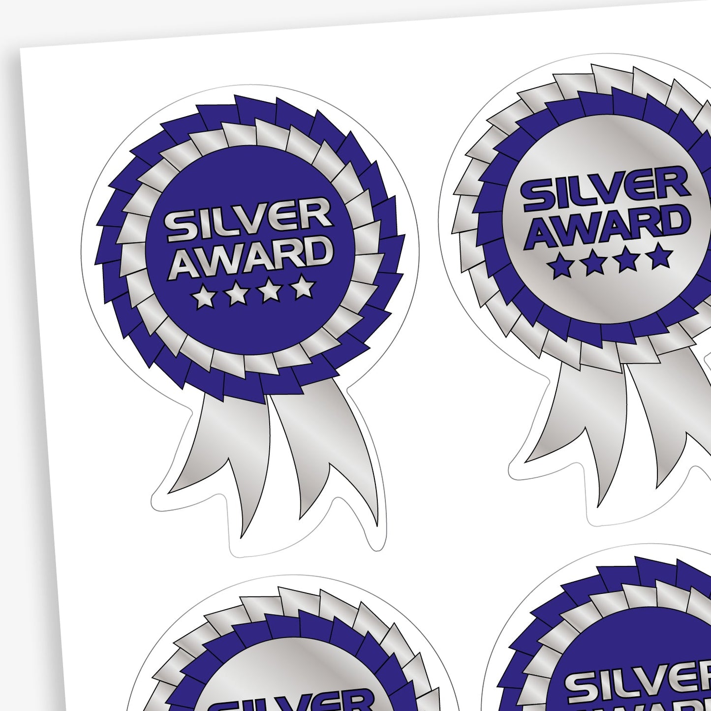 Sheet of dual colour silver and blue rosette reward stickers. The centre of the rosette is either silver with blue text, or blue with silver text with a large 'Silver Award' central to the design with 4 metallic stars below the text.