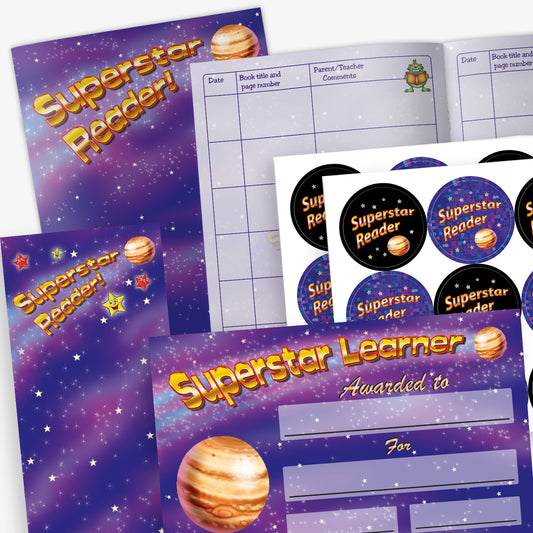 Set of space-themed educational resources with a purple starry background. Includes 'Superstar Reader!' record books, 'Superstar Learner' award certificates with spaces for name and achievement, reading record bookmarks, and circular 'Superstar Reader' stickers featuring a planet and gold text.