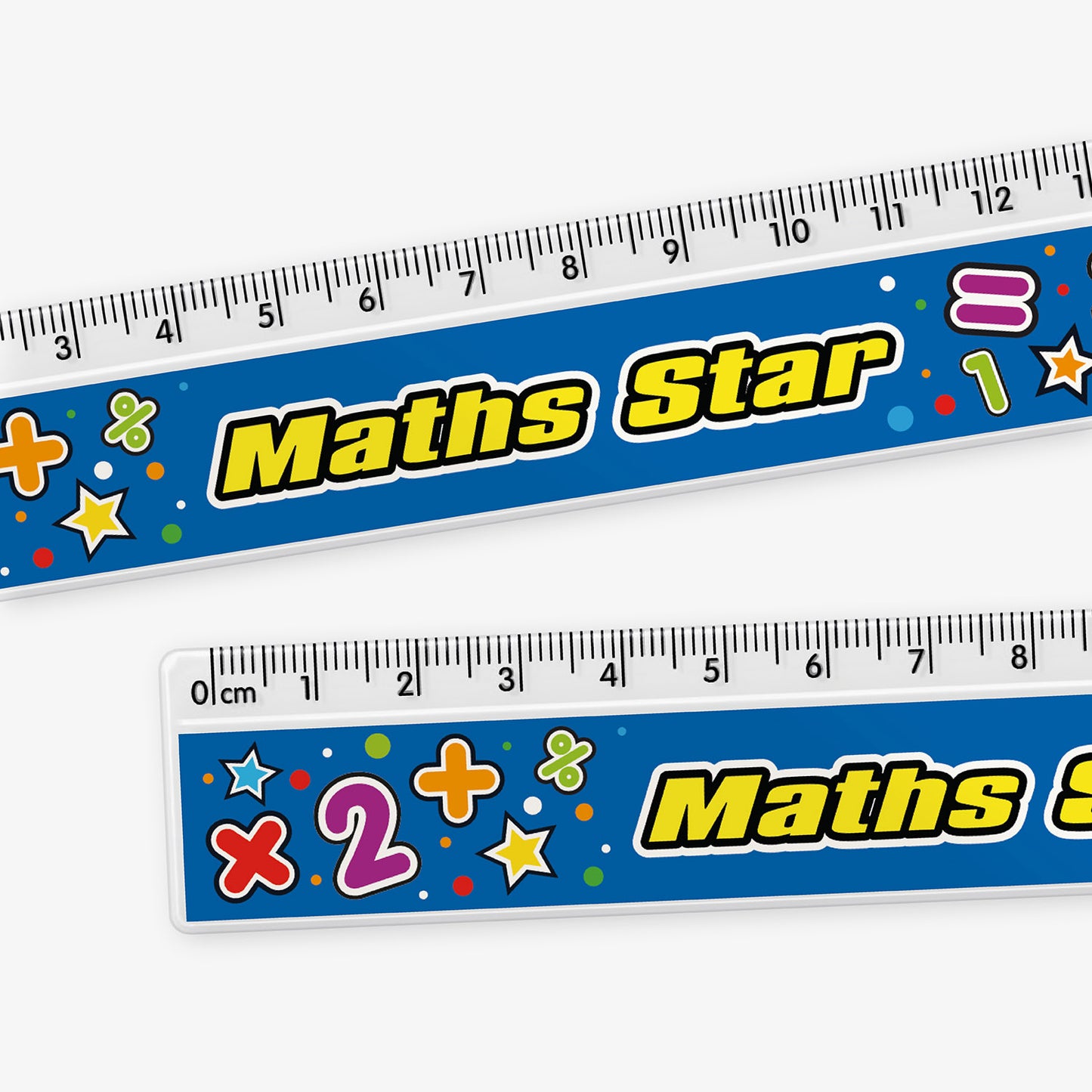 A close up of a blue 15cm ruler featuring the phrase 'Maths Star' in bold yellow letters, decorated with colourful mathematical symbols like plus, minus, multiplication, division, and stars.
