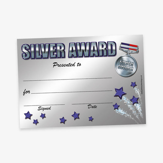 Silver Award certificate with a silver gradient background. The title 'SILVER AWARD' is in large silver block letters with purple keyline. Below are blank lines for 'Presented to', 'For', 'Signed', and 'Date'. Decorative elements include a medal with 'SILVER AWARD', a ribbon, and purple stars scattered across the bottom and right side