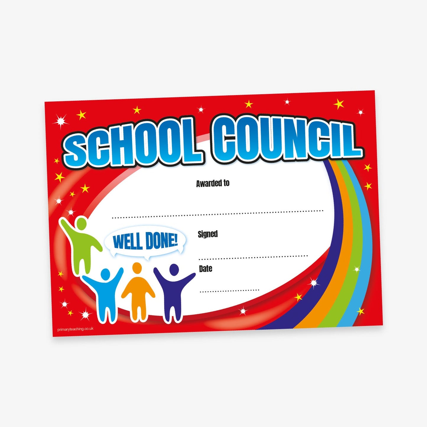 A vibrant 'School Council' certificate with a bright red background decorated with stars. The title 'School Council' is displayed in bold blue letters at the top. Below is a white space with dotted lines for writing: 'Awarded to', 'Signed', and 'Date'. A rainbow arcs across the lower right side. On the left, there are four colourful human figures in green, blue, red, and yellow, next to a speech bubble that says 'WELL DONE!