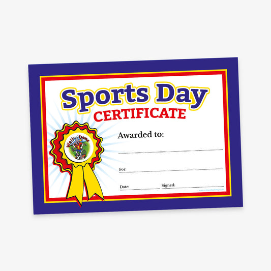 A bold and colourful 'Sports Day Certificate' with a blue and red border. The title is written in large, playful letters at the top, with 'Sports Day' in blue and yellow, and 'Certificate' in red. On the left side, there is a large yellow rosette with a 'Well Done' badge in the centre, featuring children participating in sports. The right side contains dotted lines for customisation, labelled: 'Awarded to:', 'For:', 'Date:', and 'Signed:'.