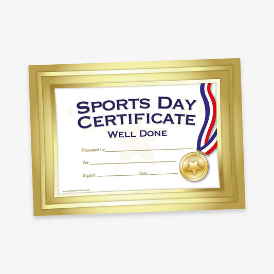 A classic style 'Sports Day Certificate' with a gold frame border. The title is written in large dark blue letters at the top, with 'SPORTS DAY CERTIFICATE' and underneath in smaller letters 'WELL DONE'. Beneath the tile there are lines for recipient details labelled: 'Presented to:', 'For:', 'Signed:' and 'Date:'.