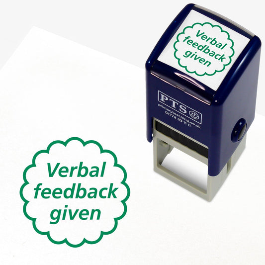 A 25mm round pre-inked teacher stamper with green ink, featuring the text 'Verbal feedback given' in a clear, bold font within a wavy circle.
