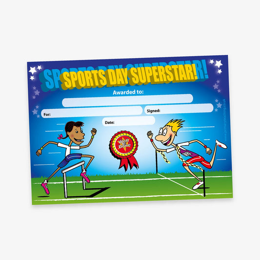 A colourful participation certificate with the title 'SPORTS DAY SUPERSTAR' in bold yellow letters at the top. The background shows a sports day scene with a boy crossing a finish line and a girl going over a hurdle. A red ribbon rosette reads 'Well Done!'. Blank spaces are provided for 'Awarded to:', 'For:', 'Signed:', and 'Date:'. The grass and sky create a lively, outdoor atmosphere.