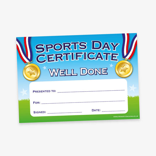 Bright and cheerful 'Sports Day Certificate' with a blue sky background, two gold medals with red, white, and blue ribbons, and bold text saying 'Well Done'. Includes fields for recipient name, reason, signature, and date over a green grass foreground.