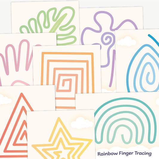 A collection of colourful finger tracing cards, each featuring a unique line pattern in various shapes such as hands, spirals, stars, triangles, rainbows, and abstract forms. The designs are drawn in pastel colours including pink, orange, green, blue, purple, and yellow, intended for sensory or fine motor skills development. Text in the corner reads 'Rainbow Finger Tracing'