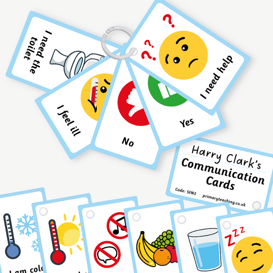 11 credit card sized communication cards held together with a binder ring.  Shows relevant images alongside basic phrases such as  "I need help," "I need the toilet," "I am hot," "I am cold," "I am hungry," "I am thirsty," "I feel ill," "I am tired," "I want quiet," as well as "yes" and "no" cards.