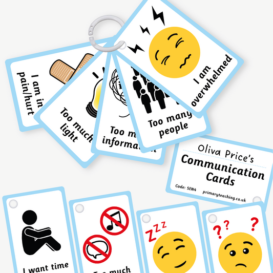 A set of illustrated communication cards on a keyring, titled with placeholder name 'Oliva Price’s Communication Cards'. Each card features a visual and simple text, such as 'I am in pain/hurt', 'Too much light', 'Too much information', 'Too many people', and 'I am overwhelmed' with expressive emojis and symbols. Additional cards at the bottom read 'I want time', 'Too much', and show icons for tiredness and confusion.
