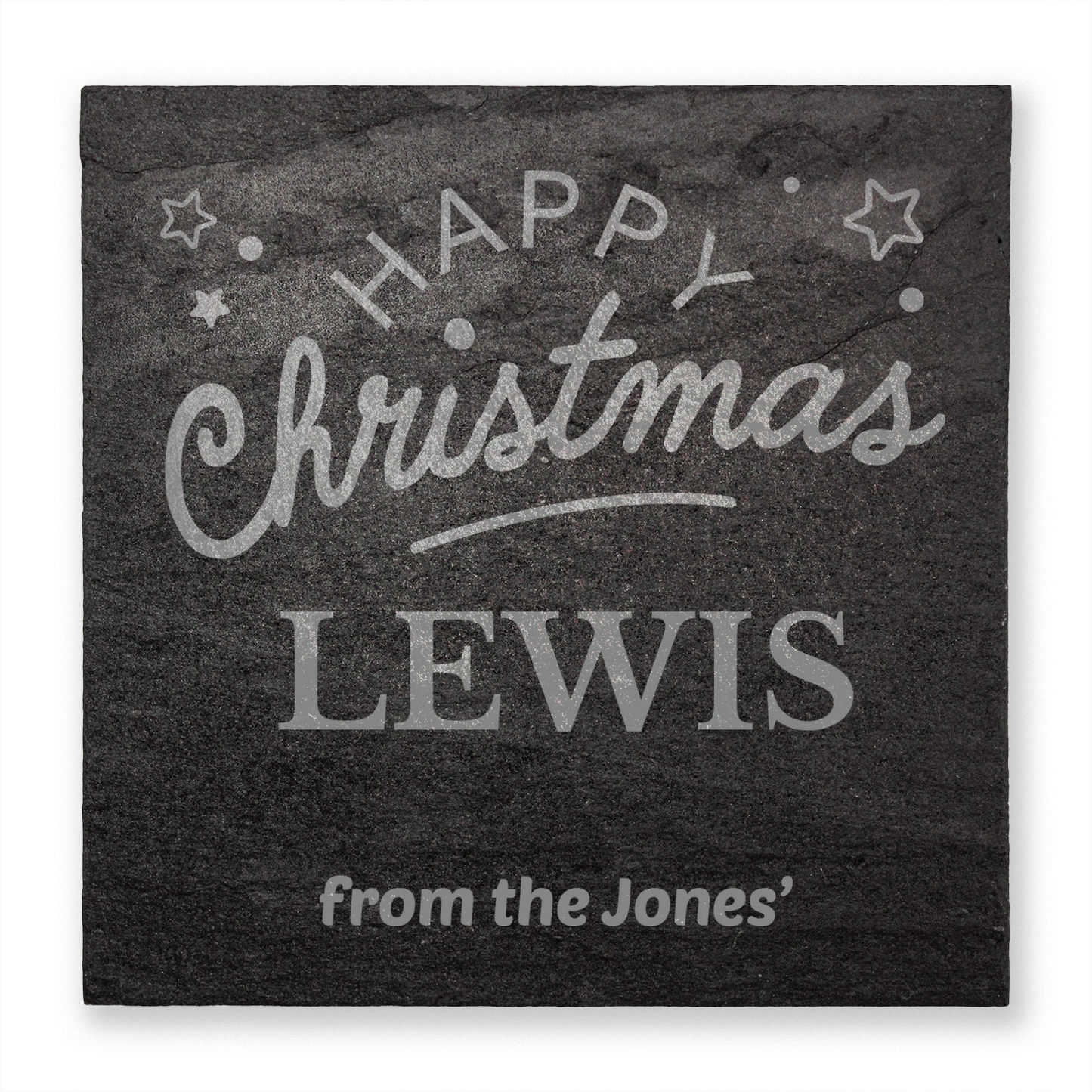 Black slate with 'Happy Christmas LEWIS from the Jones' text