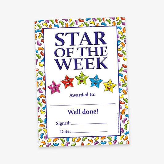 A Jellybean scented 'Star of the Week' certificate with a multicoloured jelly bean-style border. The title 'STAR OF THE WEEK' is printed in large dark blue letters at the top. Beneath it are five smiling cartoon stars in different colours. The certificate includes sections labelled 'Awarded to:', a message saying 'Well done!', and lines for 'Signed:' and 'Date:'.