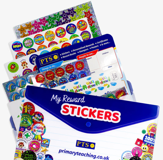 Plastic wallet labelled 'My Reward Stickers' from Primary Teaching Services, filled with various colourful sticker sheets. Designs include stars, smiley faces, praise messages like 'Well Done' and 'Super!', and themed rewards for achievements. Also visible is a PTS teacher planner sheet.
