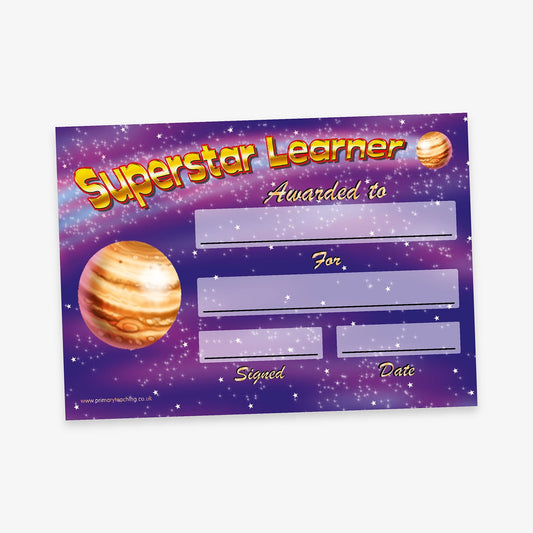 Superstar Learner' certificate with a cosmic space-themed background in purple and pink tones, featuring a large image of the planet Jupiter. Includes fields for recipient name, reason, signature, and date.