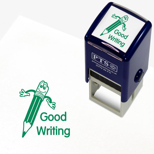 25mm self-inking stamper with green ink.  The stamp impression shows a main illustration of a smiling pencil and beside it the words 'Good Writing'