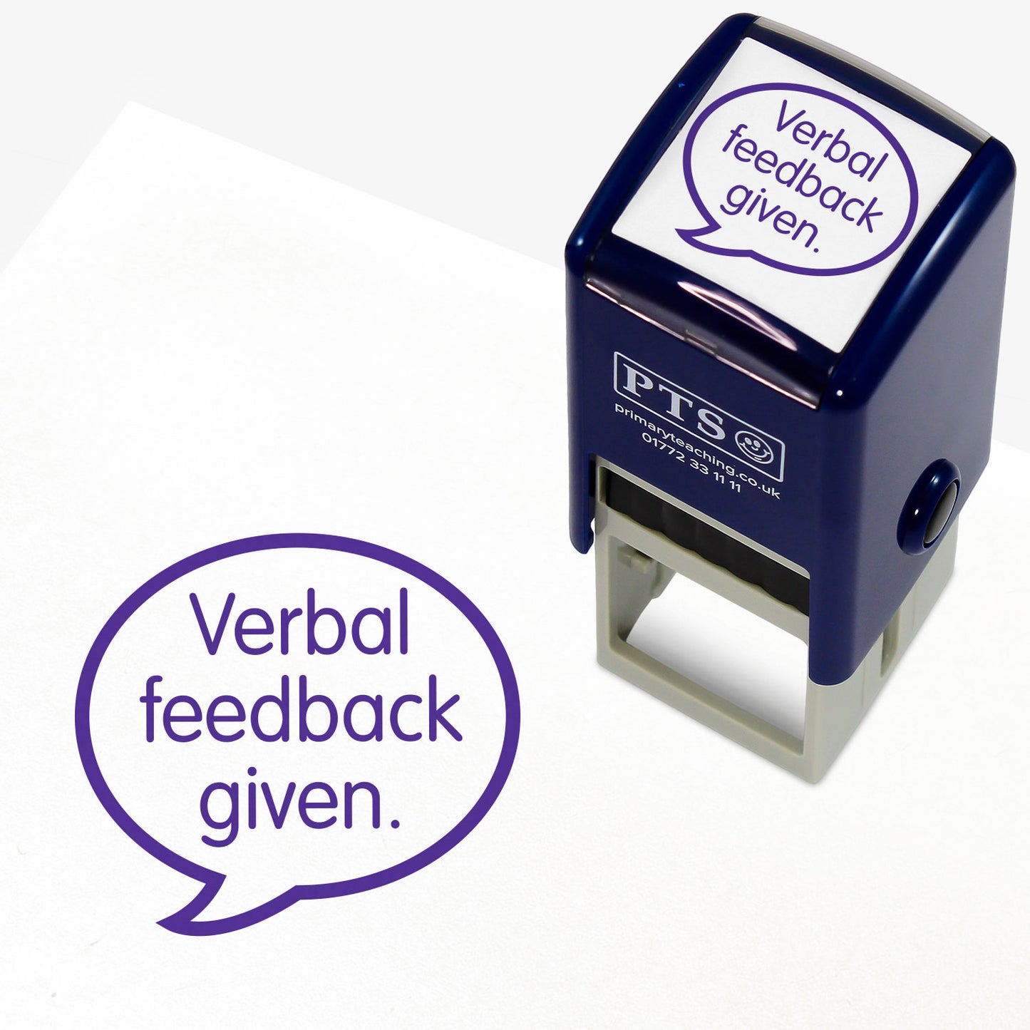 Purple 25mm pre-inked stamper featuring a speech bubble with the text 'Verbal feedback given.' central to it.