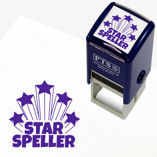 25mm Self-inking teacher stamp with the phrase 'Star Speller' in bold purple text with five shooting stars emitting from behind the phrase.