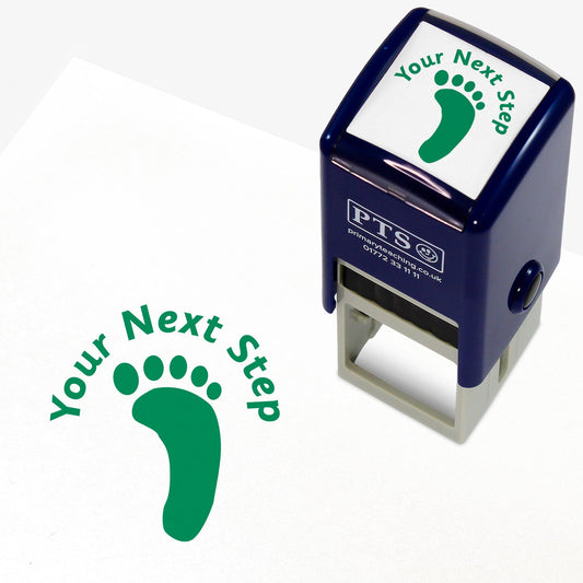 Green 10mm pre-inked stamper featuring a footprint with the phrase 'Your Next Step' above.