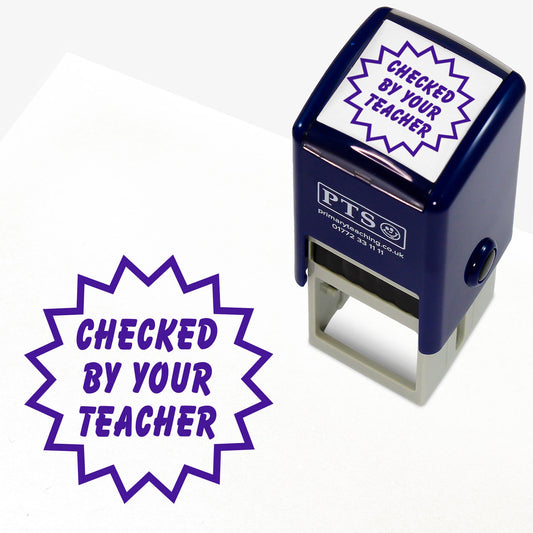 A 25mm round pre-inked teacher stamper with the phrase 'Checked By Your Teacher' in bold, uppercase letters, surrounded by a jagged starburst border. In purple ink, this stamp is designed for efficient marking and assessment.