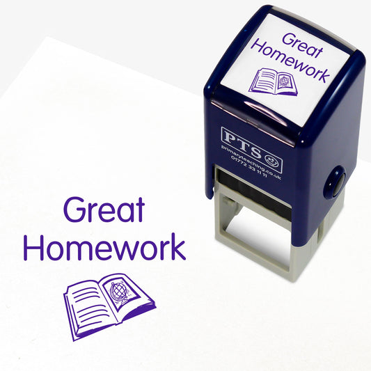 Purple 25mm pre-inked stamper featuring an open book with the phrase 'Great Homework' above, ideal for classroom marking and pupil encouragement.