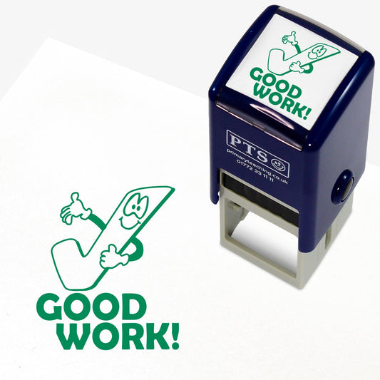 25mm self-inking stamper featuring the phrase 'GOOD WORK!' in bold green uppercase letters beneath a smiling green tick character with arms; designed for teachers to provide positive feedback on pupils' work.