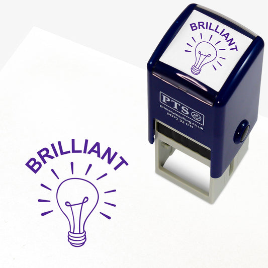 A 25mm round pre-inked teacher stamper with purple ink. The stamped design features a light bulb illustration with the word 'Brilliant' above it. Ideal for acknowledging pupils' insightful contributions