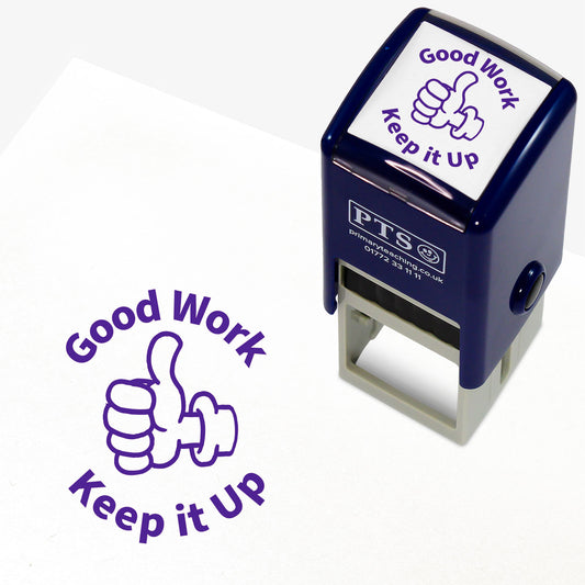 25mm self-inking stamper with purple ink.  The stamp impression shows a main illustration of thumbs up and above it the words 'Good Work', with 'Keep it up' below.