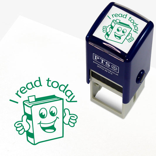 A 25mm round pre-inked teacher stamper with green ink, featuring an illustration of a cartoon book with a smiling face and thumbs up, above which is the phrase 'I read today'.