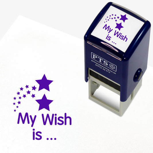 A 25mm self inking stamper with purple ink showing a shower of stars with the wording 'My Wish is….' beneath.