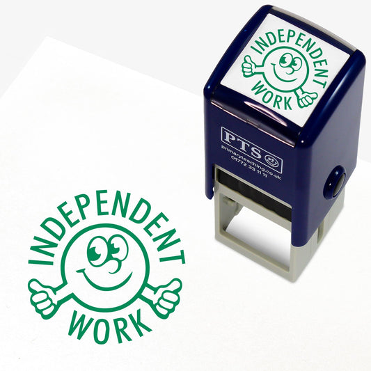 A 25mm round pre-inked teacher stamper with green ink, featuring a central design of a happy face giving thumbs up, surrounded by the text 'INDEPENDENT WORK' in a clear, bold font.