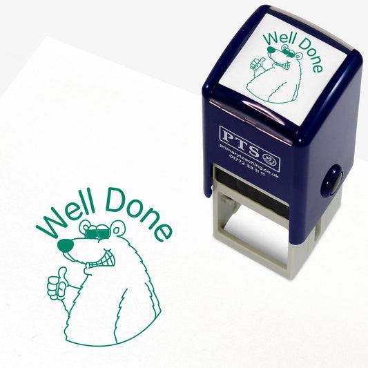 Green 25mm pre-inked stamper featuring a polar bear wearing sunglasses with it's thumb up with the text 'WELL DONE!' above it.