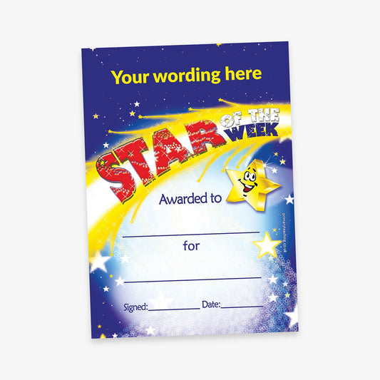 A vibrant 'Star of the Week' certificate with a dark blue night sky background and yellow shooting star design. The top reads 'Your wording here' in yellow text. Below, 'STAR of the WEEK' is displayed in large, bold lettering with a smiling cartoon star. There are blank lines for 'Awarded to', 'for', 'Signed', and 'Date'.