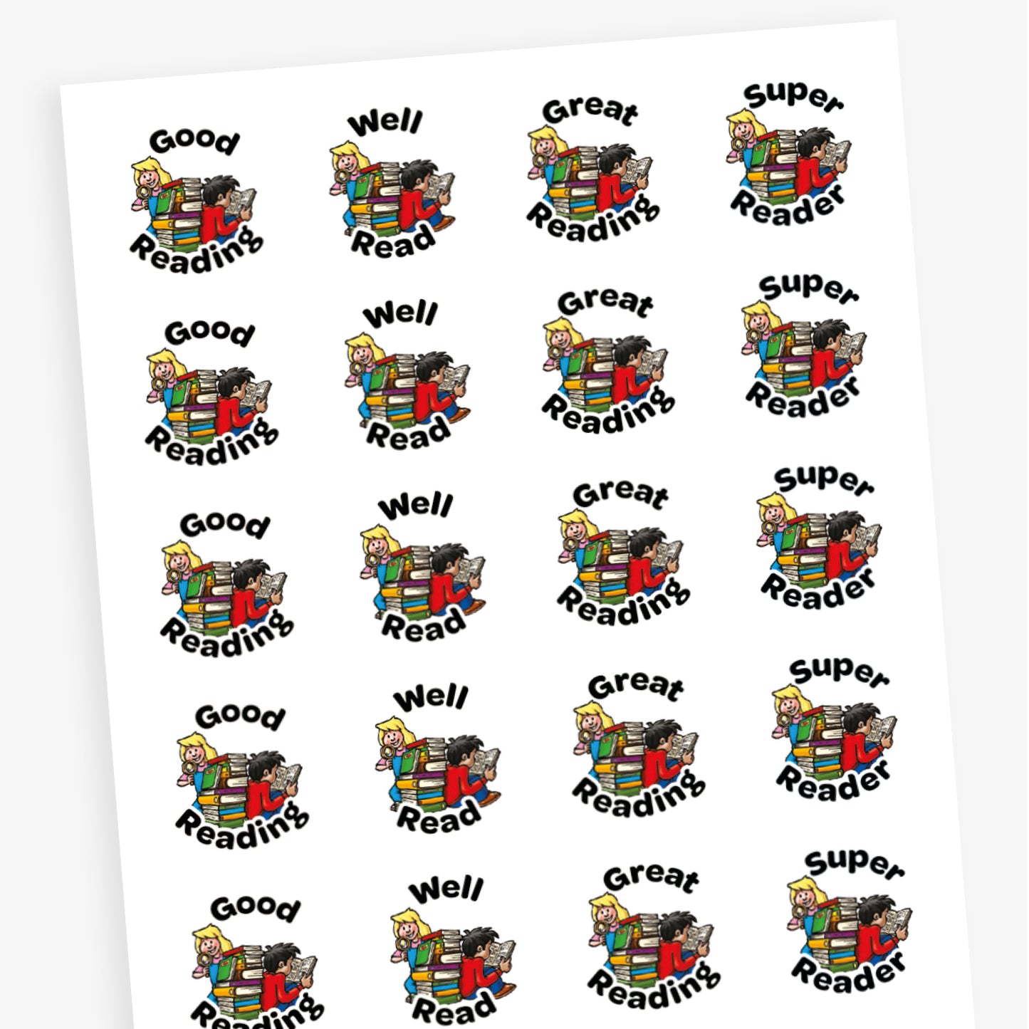 Full sheet overview of circular reading reward stickers featuring an illustration of two children—a blonde girl and a dark-haired boy—sitting back-to-back on a stack of books, each reading. The stickers include phrases in bold black text such as 'Great Reading', 'Good Reading', 'Super Reader', and 'Well Read'.