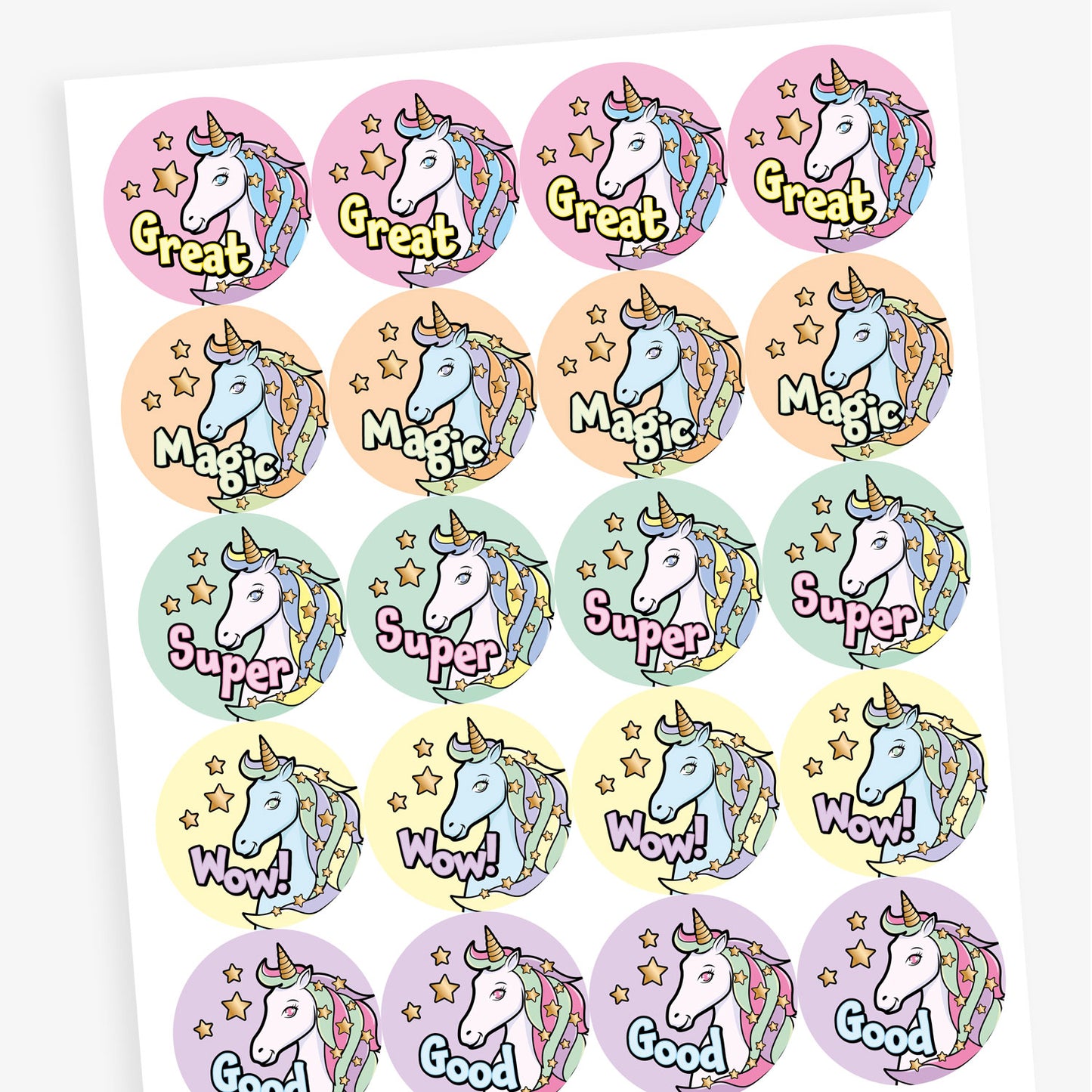 Sheet of 20 round pastel-coloured stickers, each 32mm in diameter, featuring a white unicorn with a rainbow mane and horn, surrounded by stars. Each sticker displays one of five motivational words: 'Great', 'Magic', 'Super', 'Wow!', or 'Good'.