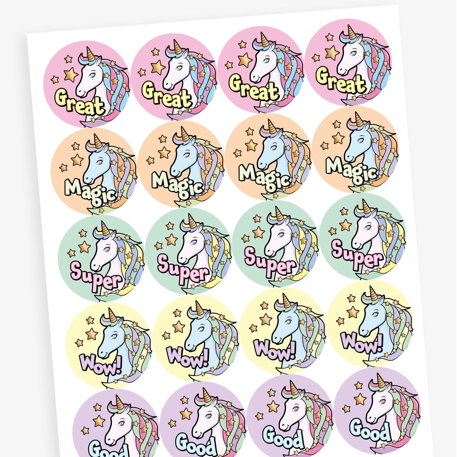 Sheet of 20 round pastel-coloured stickers, each 32mm in diameter, featuring a white unicorn with a rainbow mane and horn, surrounded by stars. Each sticker displays one of five motivational words: 'Great', 'Magic', 'Super', 'Wow!', or 'Good'.