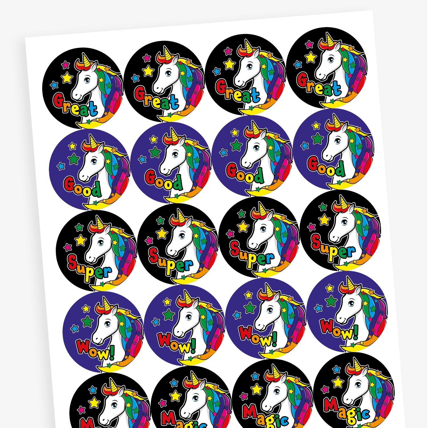 Sheet of 20 round vibrant-coloured stickers, each 32mm in diameter, featuring a white unicorn with a rainbow mane and horn, surrounded by stars. Each sticker displays one of five motivational words: 'Great', 'Magic', 'Super', 'Wow!', or 'Good'.