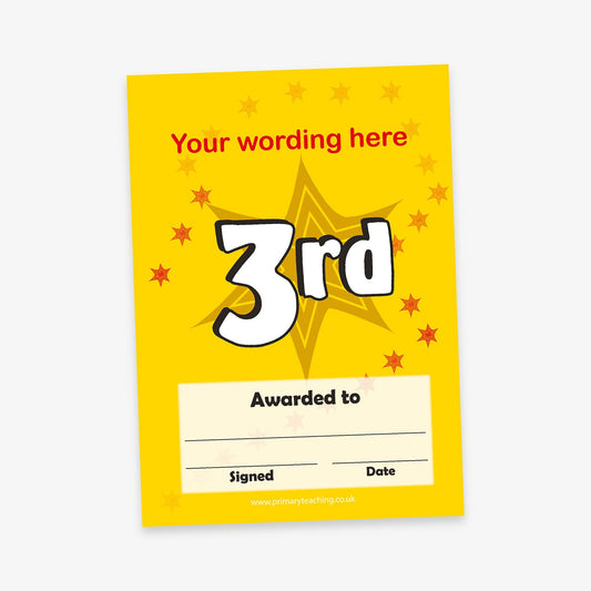 A bright yellow award certificate with a large white and black outlined '3rd' in the centre, surrounded by red and orange star graphics. The top of the certificate features the placeholder text 'Your wording here' in red. Below '3rd', there is a cream-coloured box labelled 'Awarded to' with blank lines for the recipient's name, signature, and date.