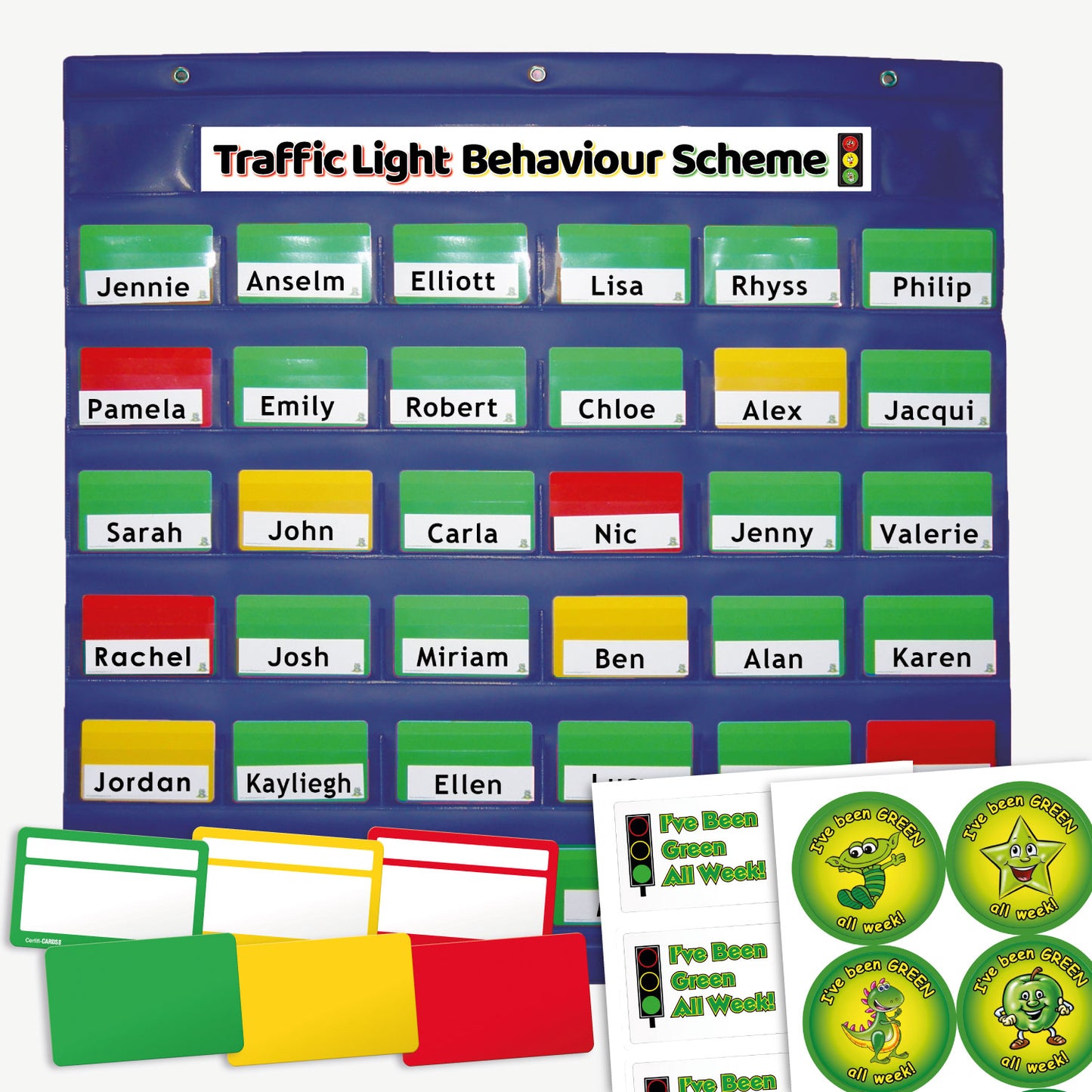 Classroom traffic light behaviour scheme chart with a blue plastic, card holder board. Each row displays name cards alongside coloured cards—green, yellow, or red—indicating behaviour status. The top label reads 'Traffic Light Behaviour Scheme' with a traffic light icon. Included are spare colour cards and reward stickers featuring frogs and stars with positive messages
