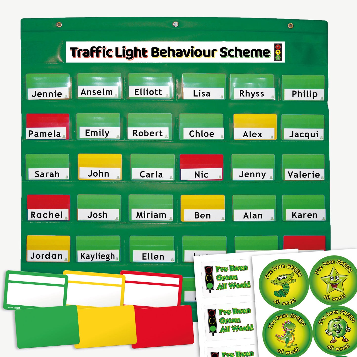 Classroom traffic light behaviour scheme chart with a green plastic, card holder board. Each row displays name cards alongside coloured cards—green, yellow, or red—indicating behaviour status. The top label reads 'Traffic Light Behaviour Scheme' with a traffic light icon. Included are spare colour cards and reward stickers featuring frogs and stars with positive messages