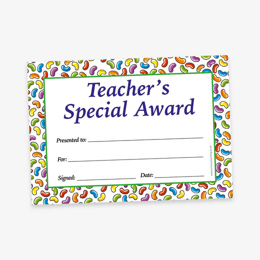 A set of 100 A5-sized scented certificates featuring jellybeans around the border with the phrase 'Teacher's Special Award' with spaces for 'Presented to:', 'For:', 'Signed:' and 'Date'.; each certificate is infused with a pleasant jellybean scent to enhance the reward experience.