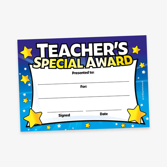 'Teacher’s Special Award' certificate with a blue and purple starry background, bold white and yellow title text, and a large white panel for writing recipient name, reason, date, and signature. Decorated with cartoon yellow stars.
