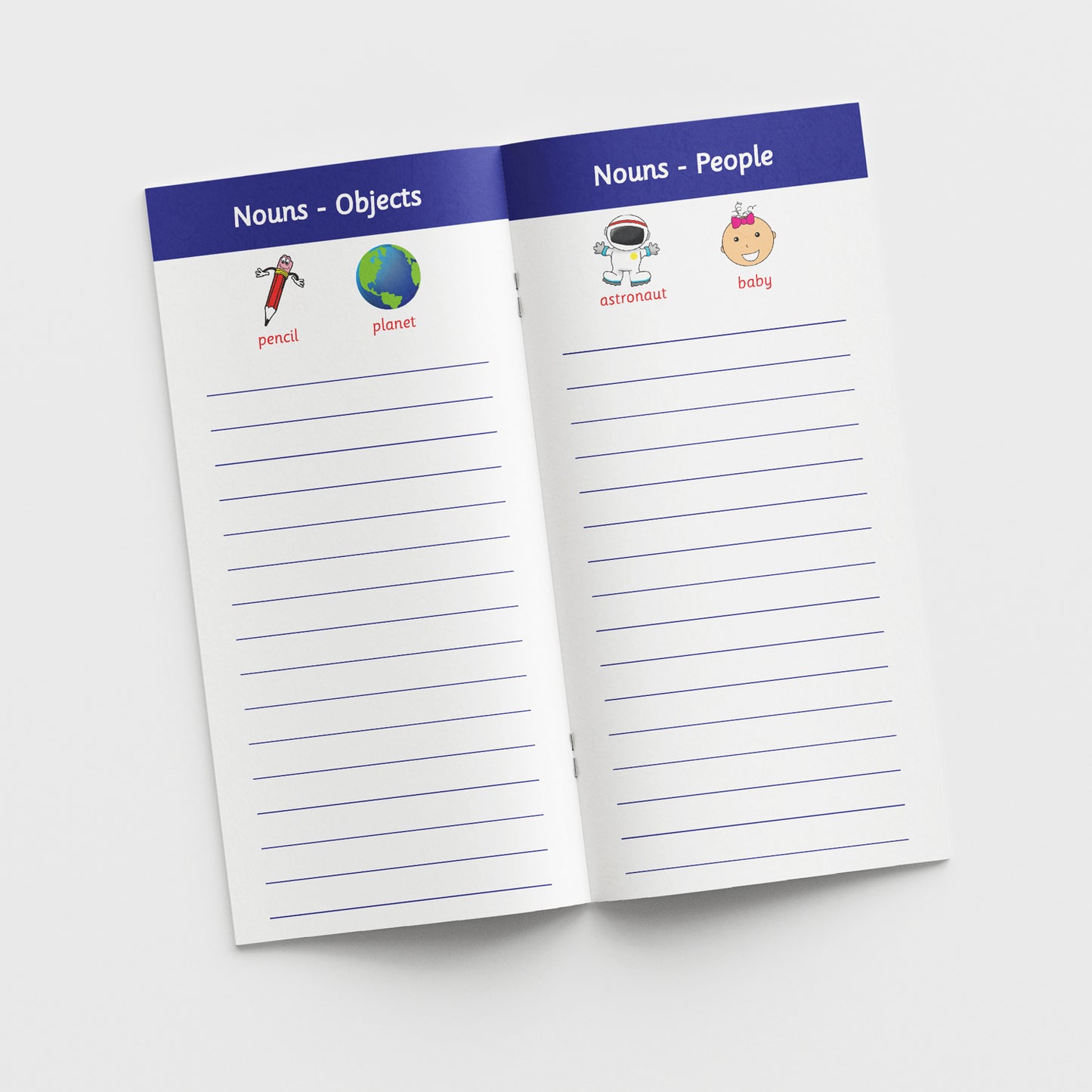 Open book showing left page with heading 'Nouns - Objects' with examples of pencil and planet; the right page with heading 'Nouns - People' with examples of astronaut and baby