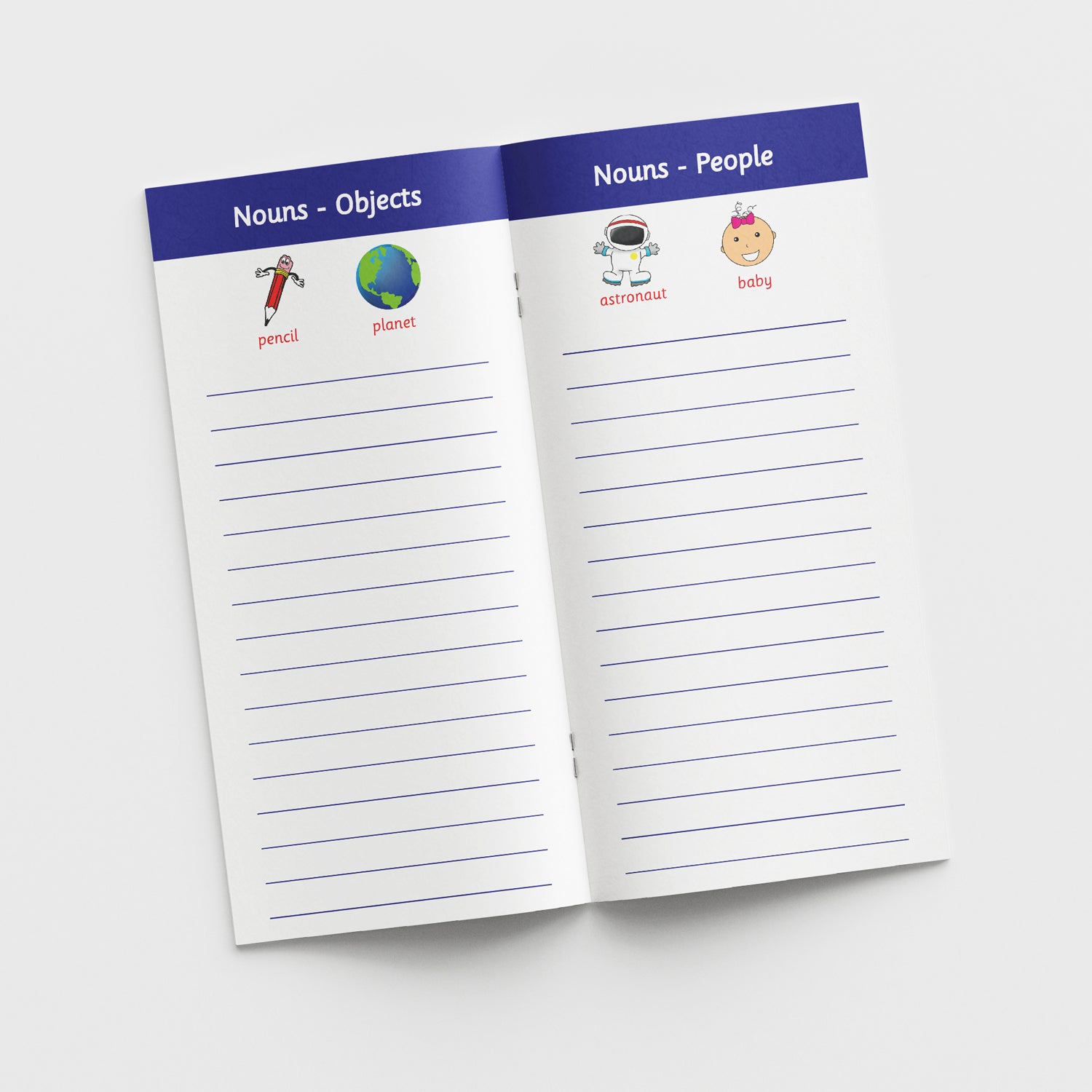 Open book showing left page with heading 'Nouns - Objects' with examples of pencil and planet; the right page with heading 'Nouns - People' with examples of astronaut and baby